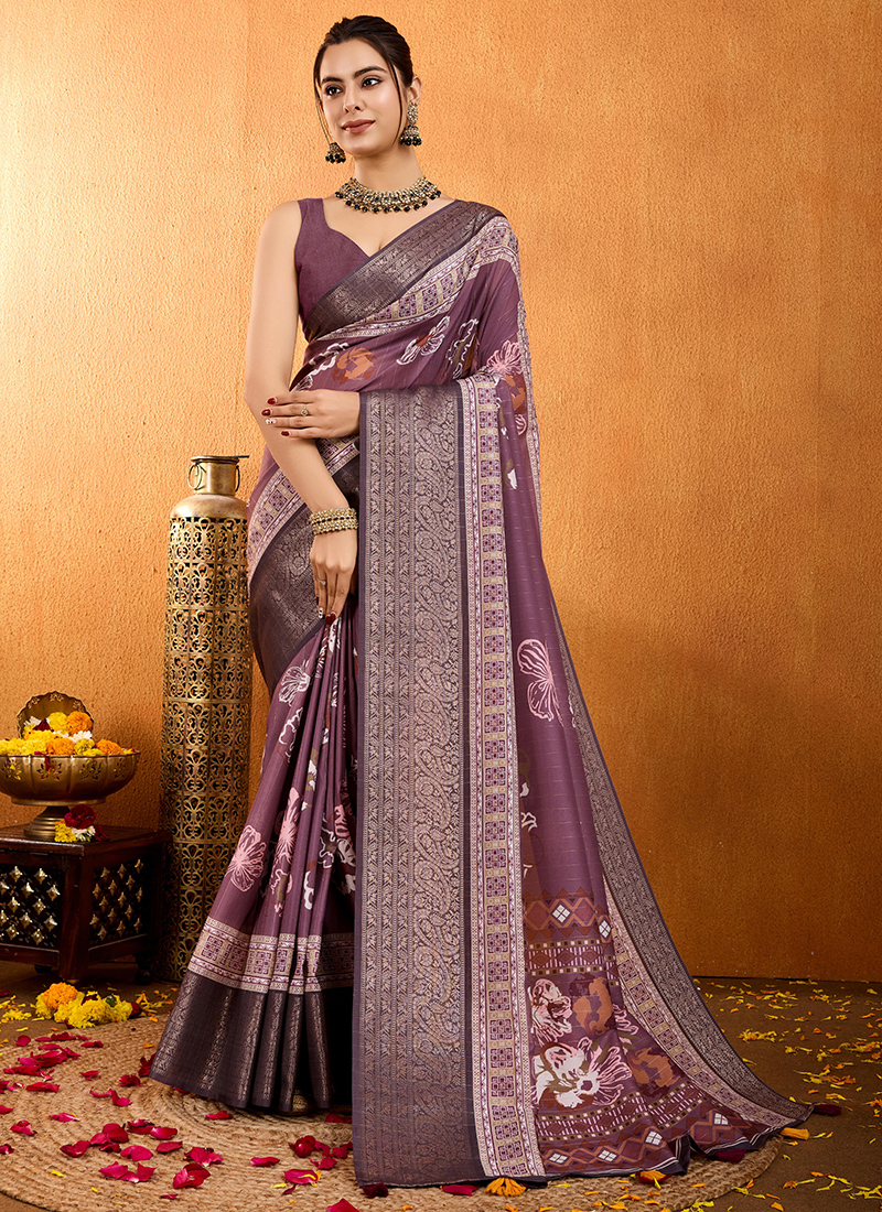 Pink Crepe Silk Readymade Saree main image 1